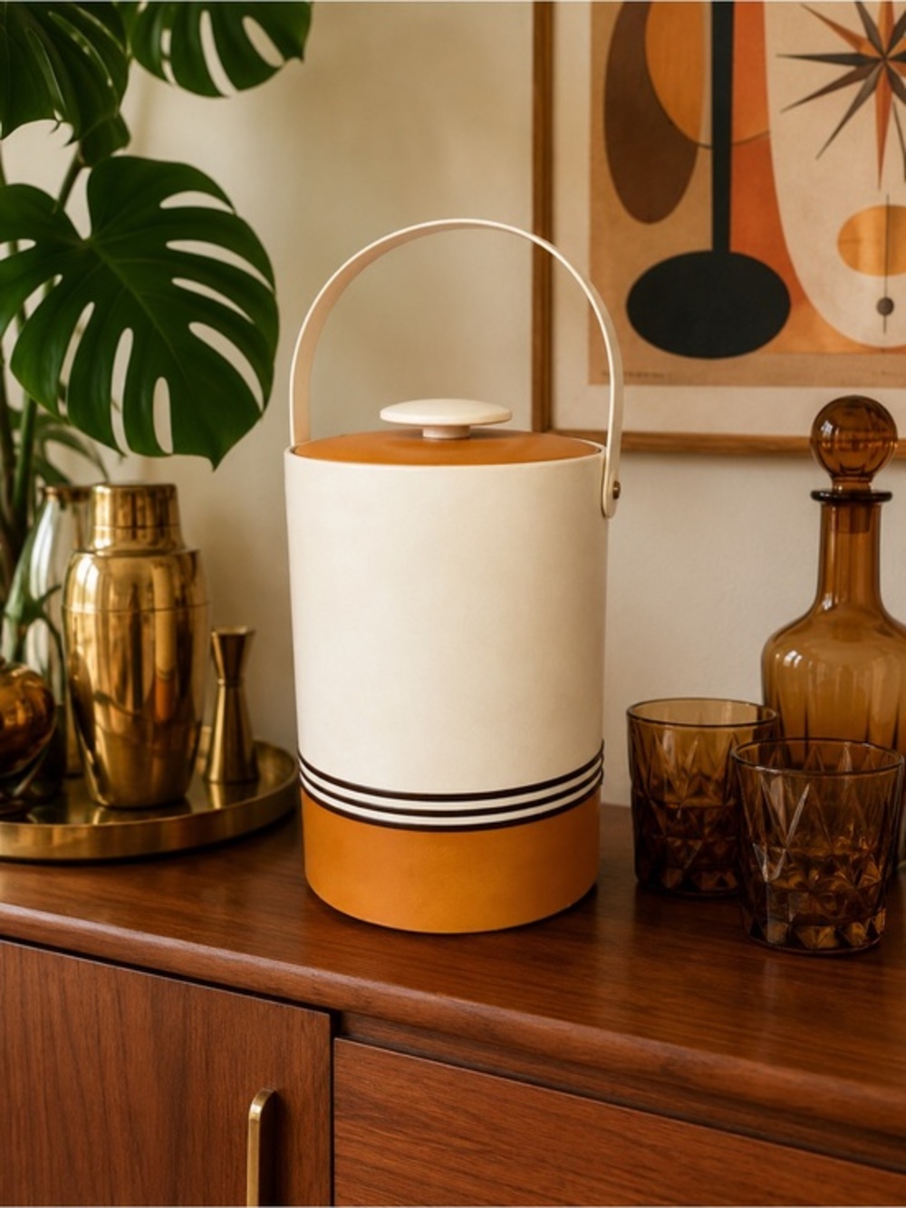 Vintage Georges Briard Ice Bucket Mid Century Modern Faux Leather Barware USA